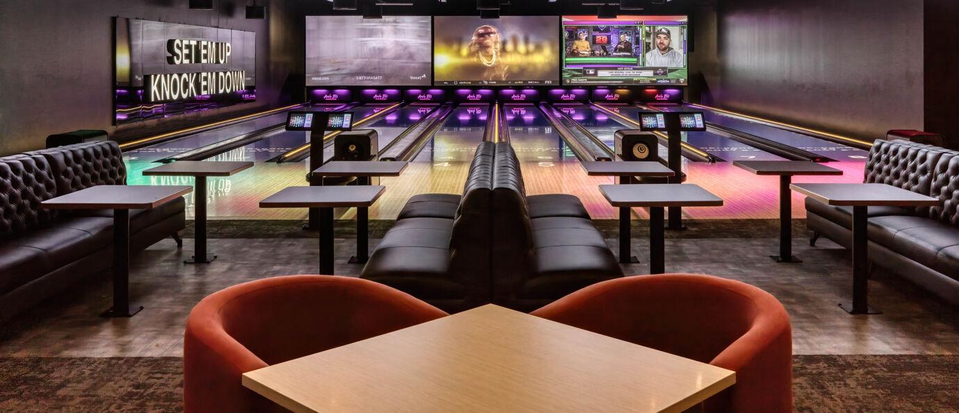 bowling alley interior with pins