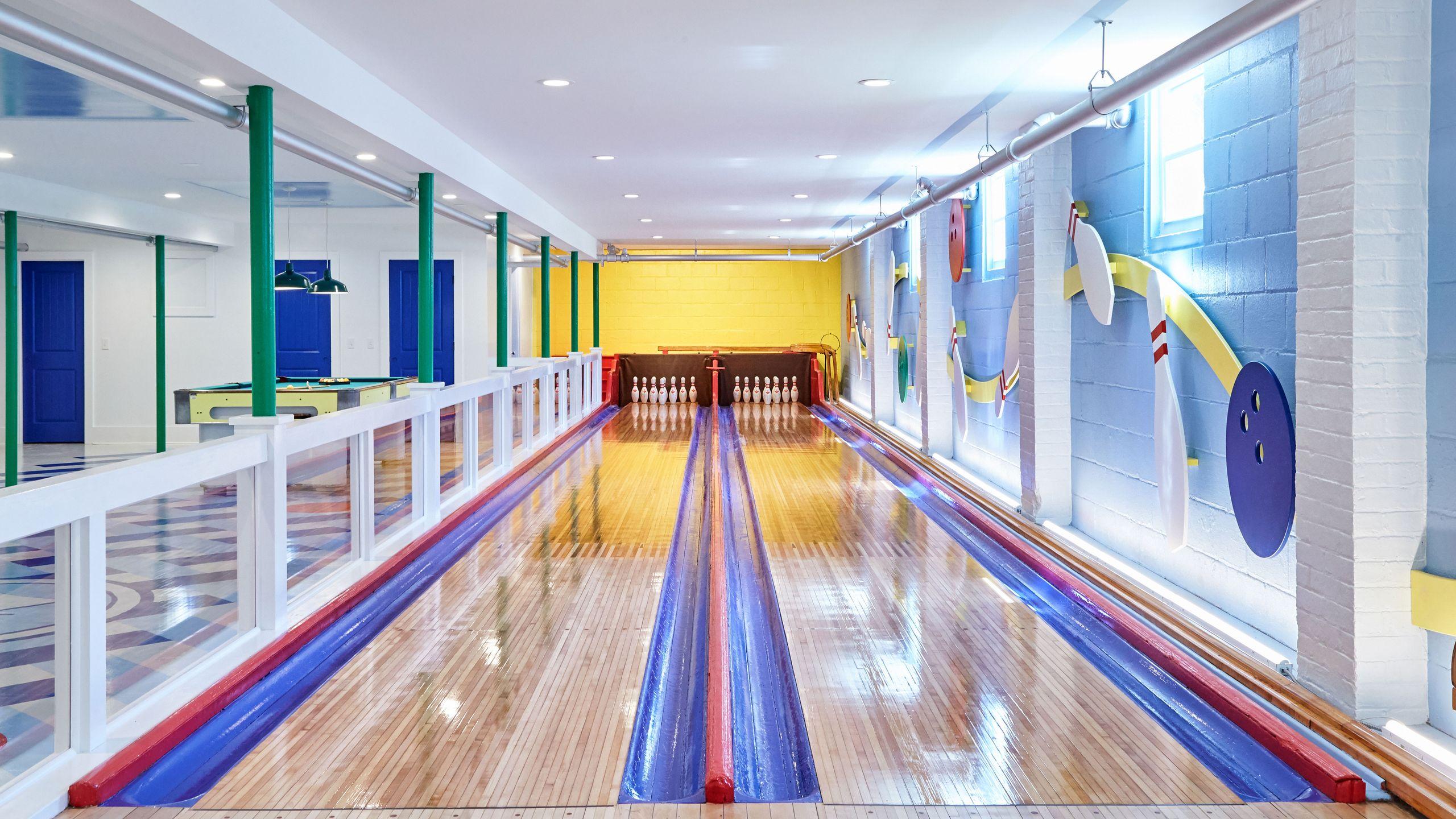 bowling alley interior with pins